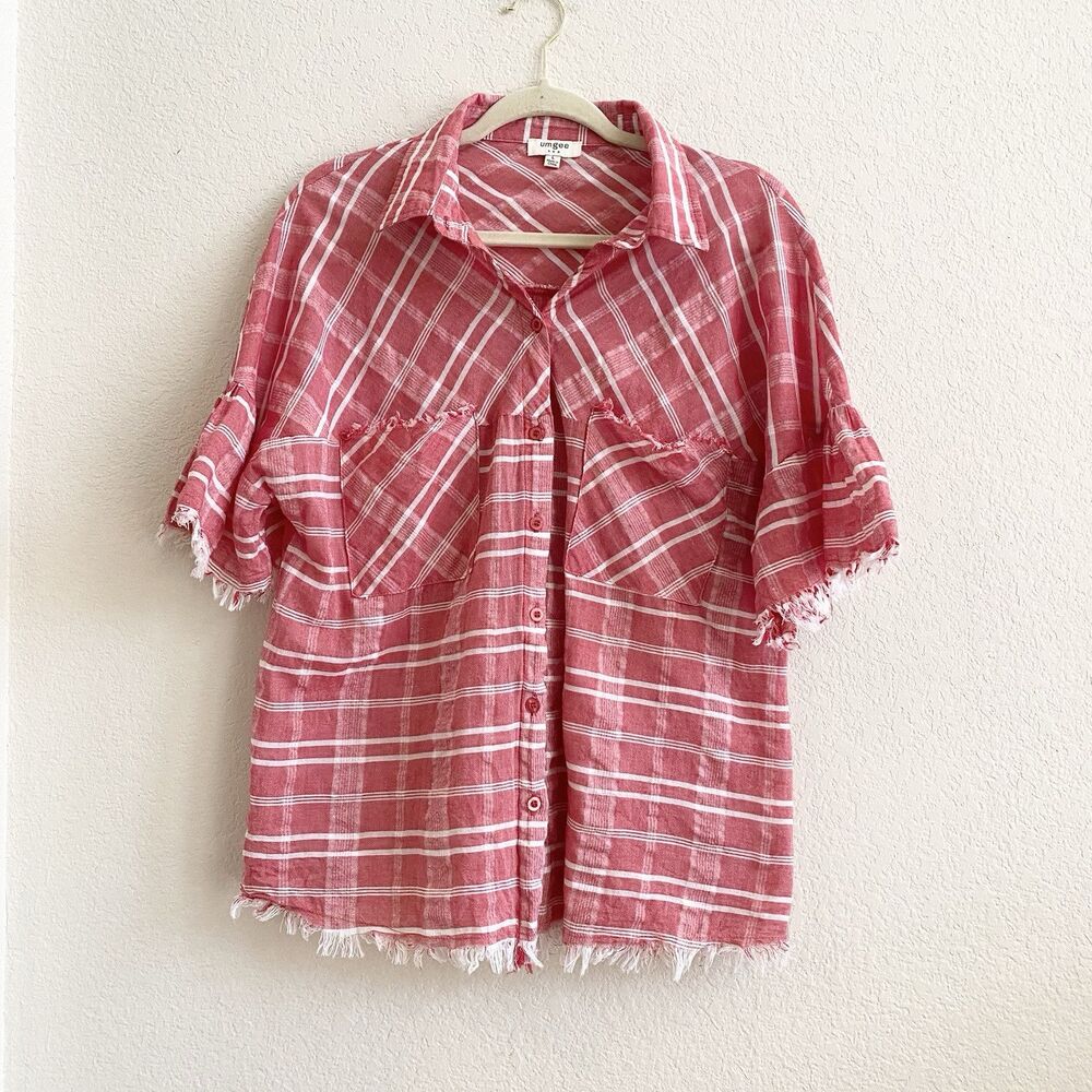 UMGEE Southern‎ Bohemian Gingham Oversized Shirt Fringed Red White Women's L - Picture 7 of 10